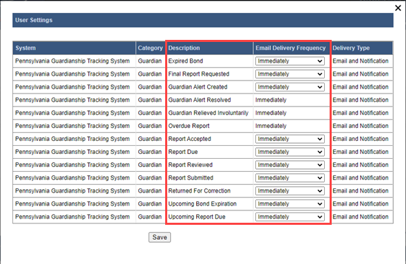 User Settings screen